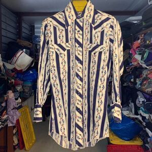 True Vtg 1960s Fenton Westerns Funky Cowboy Striped Floral Button Up Shirt Small
